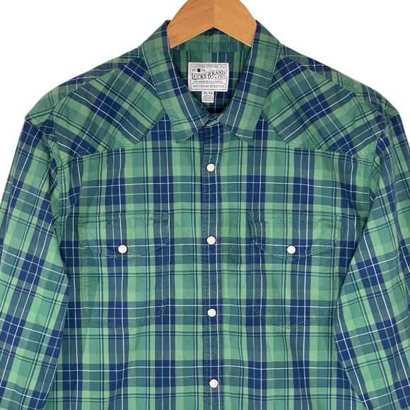 LUCKY BRAND Men’s Western Snap Front Blue and Green Plaid Shirt XL - Picture 2 of 4